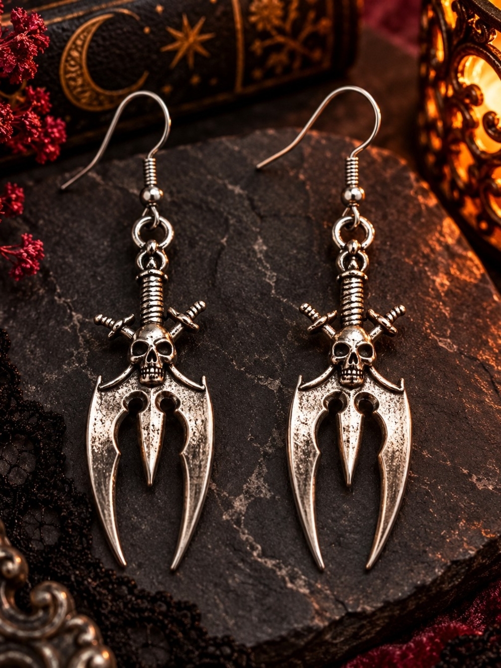 Skull Sword Dagger Drop Dangle Earrings Silver Tone Metal New